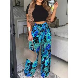 Tropical Wide Leg Pants Set Blue Floral Palazzo Lounge Set M